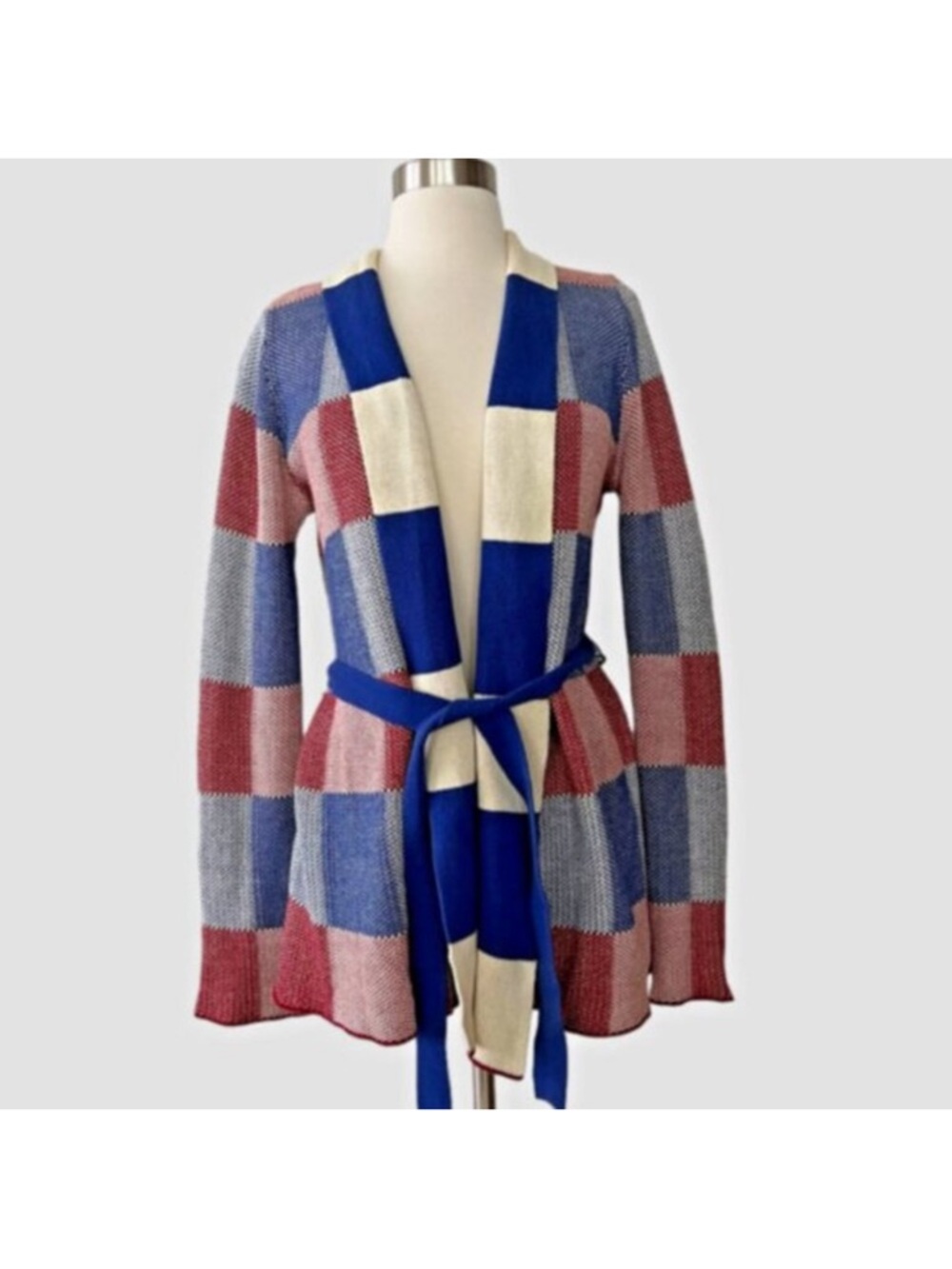 ModCloth Simply Snuggly Checked Cardigan Red, White Blue Colorblock Checkered 2X